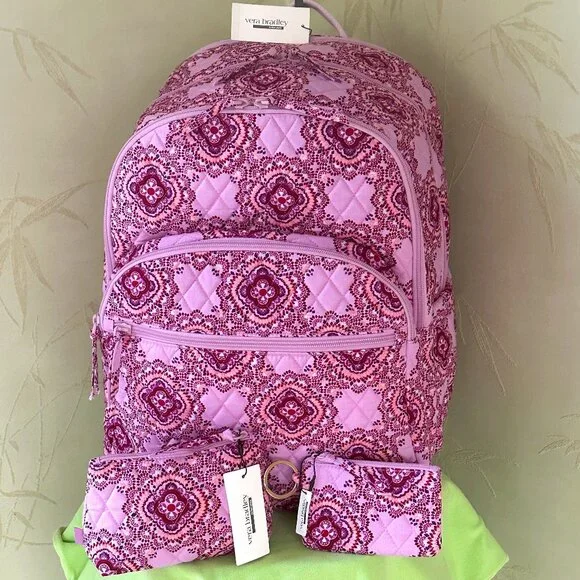VERA BRADLEY XL BACKPACK +SMALL POUCH +ZIP ID CASE (SET):NWT LAVENDER MEDALLION
